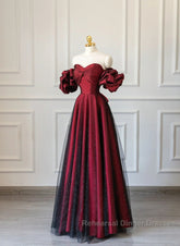Off Shoulder Wine Red Sweetheart Tulle Semi Formal Prom Dress, A-line Wine Red Evening Dress